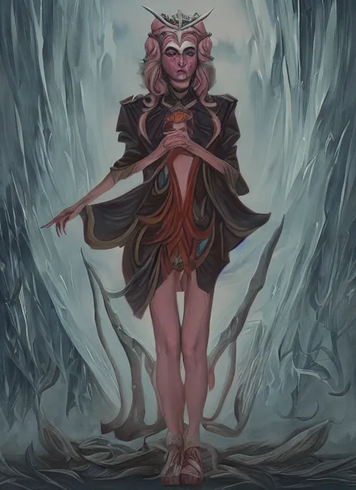 Image similar to Twin Peaks artwork Kiernan Shipka dressed as satanist by Peter Mohrbacher