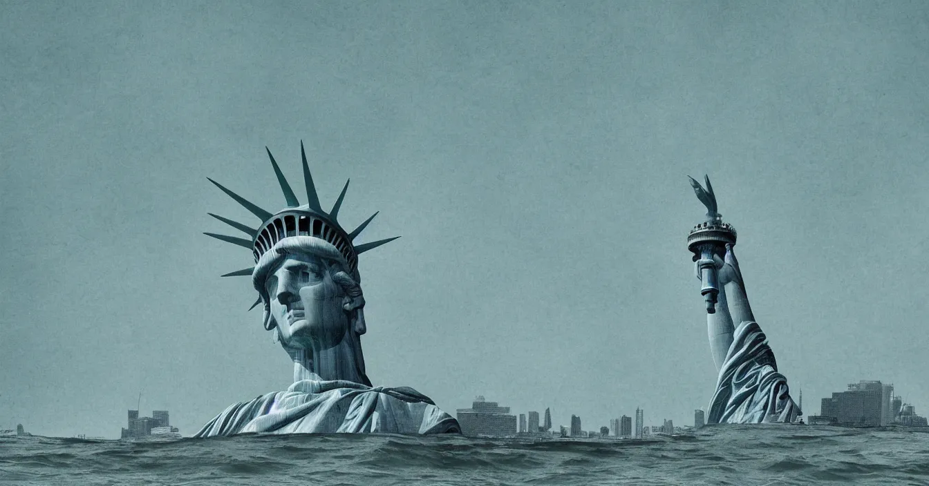 Prompt: imagination of the statue of liberty swimming in the water, digital art, composition