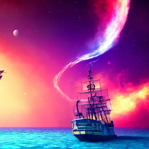 Prompt: pirate ship floating in space, colorful nebula, cinematic, unreal engine