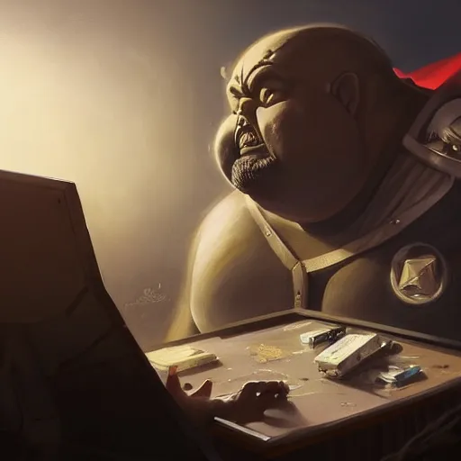 Image similar to a insanely detailed painting of a slightly overweight man wearing a homemade superhero costumed, sitting at a computer desk, nervously and clicking on the mouse, in the style of peter mohrbacher, dramatic lighting and composition, trending on artstation, concept art, comic book