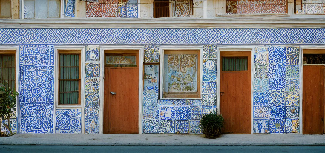 Image similar to exterior of mission revival house with portuguese tiles. monterey, ca. fujinon premista. portra 8 0 0.