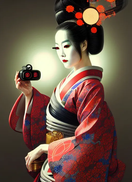 Image similar to sensual japanese geisha wearing vr eyepiece, intricate geisha kimono, robotic, android, cyborg, cyberpunk face, steampunk, fantasy, intricate, elegant, highly detailed, colorful, vivid color, digital photography, cool warm lighting, artstation, concept art, art by artgerm and greg rutkowski,