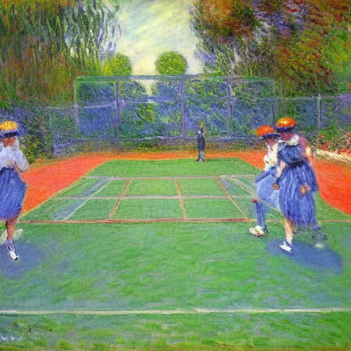 Image similar to tennis court, art by claude monet, impressionism, oil painting, bright colors, advertising painting