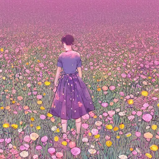 Prompt: a girl among a flower field thinks about space, graceful, an ultrafine detailed illustration by kim jung gi, bright colors, unreal engine 5 highly rendered, detailed and intricate environment