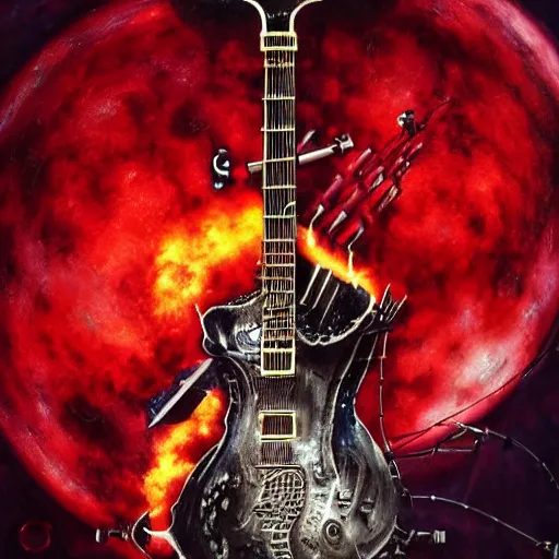 Image similar to flamethrower guitar robot by Yoshitaka Amano, by HR Giger, biomechanical, 4k, hyper detailed, hyperrealism, anime, a Blood Moon rising on a Broken World, deviantart, artstation