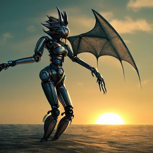 Image similar to a highly detailed full shot of beautiful anthropomorphic robot female dragon, standing and posing elegantly, streamlined mechanical body, with sharp claws on her hands and feet, two arms, two legs, long tail, on the beach, artstation, DeviantArt, professional, octane render, sunset lighting