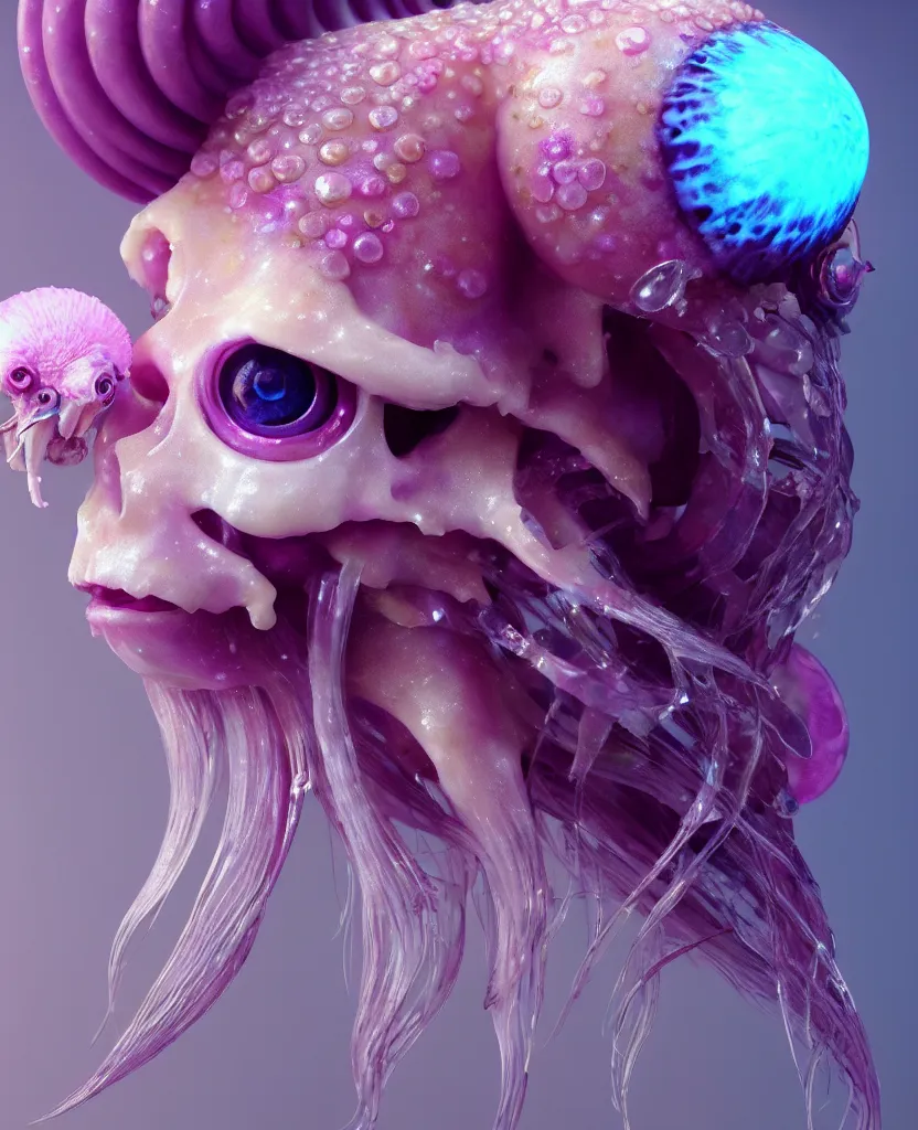 Image similar to goddess princess beautiful face close-up portrait ram skull fluffy toy. jellyfish phoenix head, nautilus, orchid, skull, betta fish, bioluminiscent creatures, intricate artwork by Tooth Wu and wlop and beeple. octane render, trending on artstation, greg rutkowski very coherent symmetrical artwork. cinematic, hyper realism, high detail, octane render, 8k