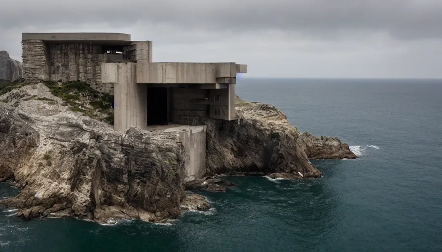 Image similar to brutalist base perched on a cliff overlooking a magnificient bay, brutalism architecture on cliffs, drawing architecture, pritzker architecture prize, cliffs crashing into the water below, cliffside, greig fraser