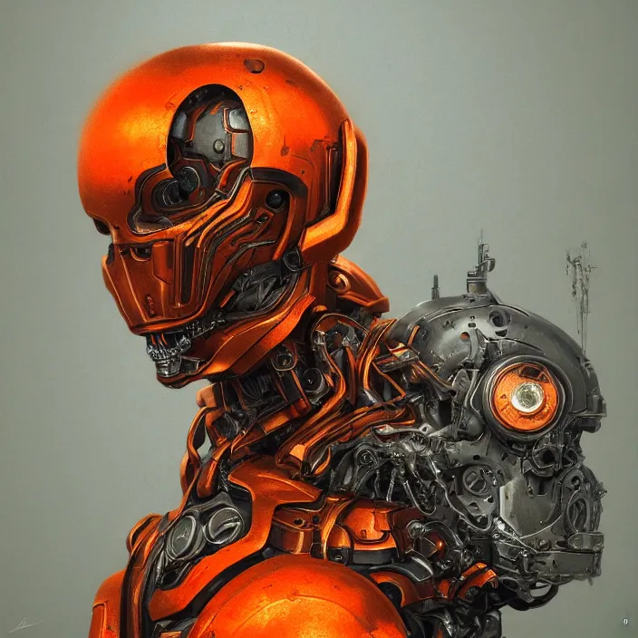 Image similar to portrait of an orange ultron from age of ultron, clockwork steampunk, dieselpunk, head and chest only, by beksinski, 4 k, deviantart, trending on artstation