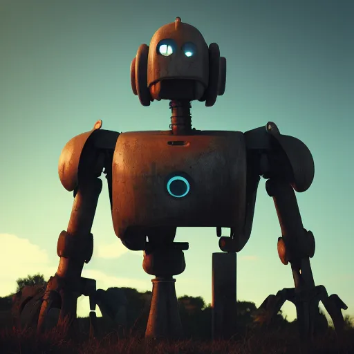 Prompt: The Iron Giant wandering a junkyard, mysterious, Octane Render, Raytracing, 135mm camera lens, moody lighting, dark