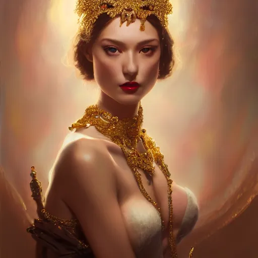 Prompt: expressive oil painting, of alluring european princess, seductive look, smooth glowing skin, glistening body, love, adoration, ornate headpiece made from beads, glamour shot, by yoshitaka amano, by greg rutkowski, by jeremyg lipkinng, by artgerm, digital art, octane render, tight white dress