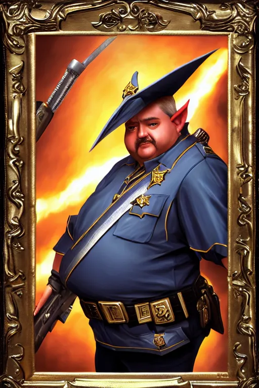 Image similar to high elf mall cop with a sheriff's badge that is fat, shifty, and incompetent, RPG portrait from the chest up, Oil Painting, dynamic lighting, Highly Detailed, Cinematic Lighting, 8k, HD