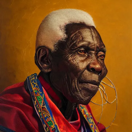 Prompt: a painting of a wise elder from Kenya by Kehinde Wiley . dramatic angle, ethereal lights, details, smooth, sharp focus, illustration, realistic, cinematic, artstation, award winning, rgb , unreal engine, octane render, cinematic light, macro, depth of field, blur, red light and clouds from the back, highly detailed epic cinematic concept art CG render made in Maya, Blender and Photoshop, octane render, excellent composition, dynamic dramatic cinematic lighting, aesthetic, very inspirational, arthouse.