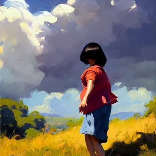 Prompt: Greg Manchess painting of dora the explorer, countryside, fantasy character portrait, dynamic pose, above view, sunny day, thunder clouds in the sky, artwork by Jeremy Lipkin and Giuseppe Dangelico Pino and Michael Garmash and Rob Rey, very coherent asymmetrical artwork, sharp edges, perfect face, simple form, wacky, 100mm