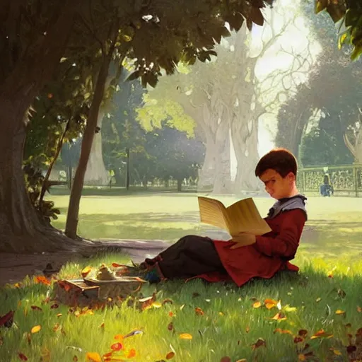 Image similar to Kid reading a book in a park, fall in love with reading, highly detailed, digital painting, artstation, concept art, sharp focus, illustration, art by artgerm and greg rutkowski and alphonse mucha