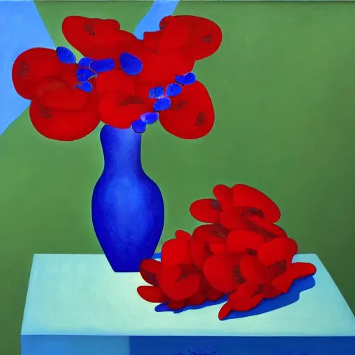 Image similar to a painting of a blue vase with red flowers, a gouache by tarsila do amaral, pixabay contest winner, cloisonnism, acrylic art, oil on canvas, detailed painting