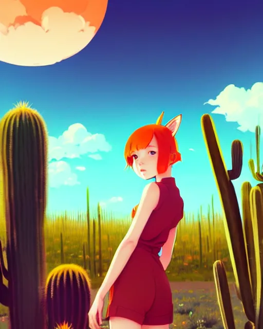 Image similar to portrait of cute redhead foxgirl in orange jumpsuit with fox ears by ilya kuvshinov, holding a cactus, cloudy sky background lush landscape illustration concept art anime key visual trending pixiv fanbox by wlop and greg rutkowski and makoto shinkai and studio ghibli