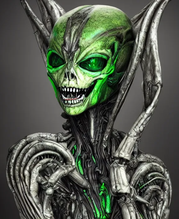 Image similar to xenomorph queen goth model skull eyes hybrid, dragon eggs, dark emerald mist colors, giger background liminal void, cinematic lighting, realistic, award winning photograph, various refining methods, micro macro autofocus