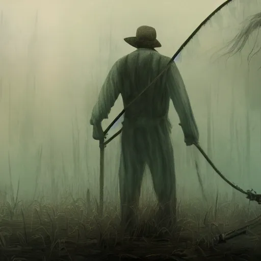 Prompt: concept, artistic swamp with mystic fog, fisherman with fishing rode, from horror movies, artstation, mysterious