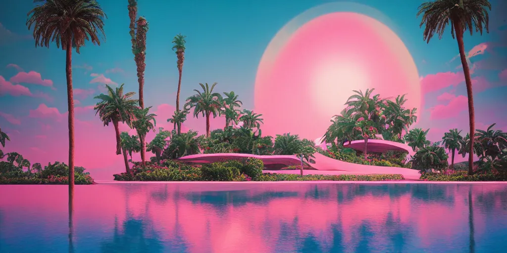 Image similar to Beeple masterpiece, hyperrealistic surrealism, award winning masterpiece with incredible details, epic stunning, infinity pool, a surreal vaporwave liminal space, highly detailed, trending on ArtStation, calming, meditative, pink arches, palm trees, vaporwave, surreal, sharp details, dreamscape, giant gold head statue ruins, crystal clear water, sunrise
