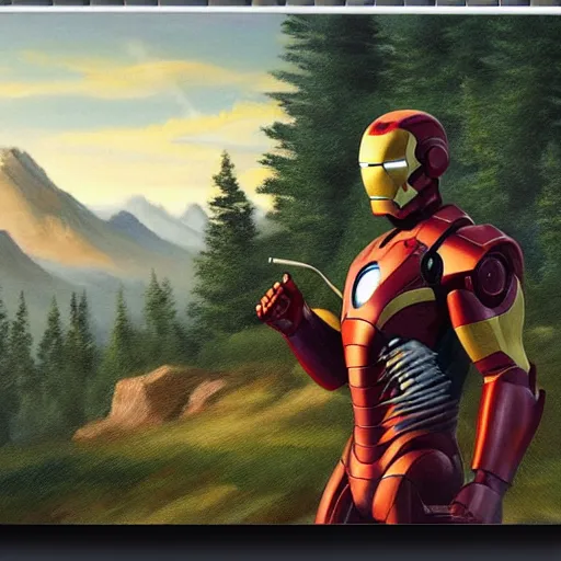 Image similar to a closeup photorealistic photograph of bob ross working on a canvas painting of iron man. mountains and trees. film still. brightly lit scene. this 4 k hd image is trending on artstation, featured on behance, well - rendered, extra crisp, features intricate detail, epic composition and the style of unreal engine.