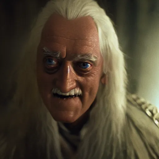 Image similar to jimmy saville as saruman in lord of the rings, movie still, cinematic lighting, dramatic, octane render, long lens, shallow depth of field, bokeh, anamorphic lens flare, 8 k, hyper detailed, 3 5 mm film grain