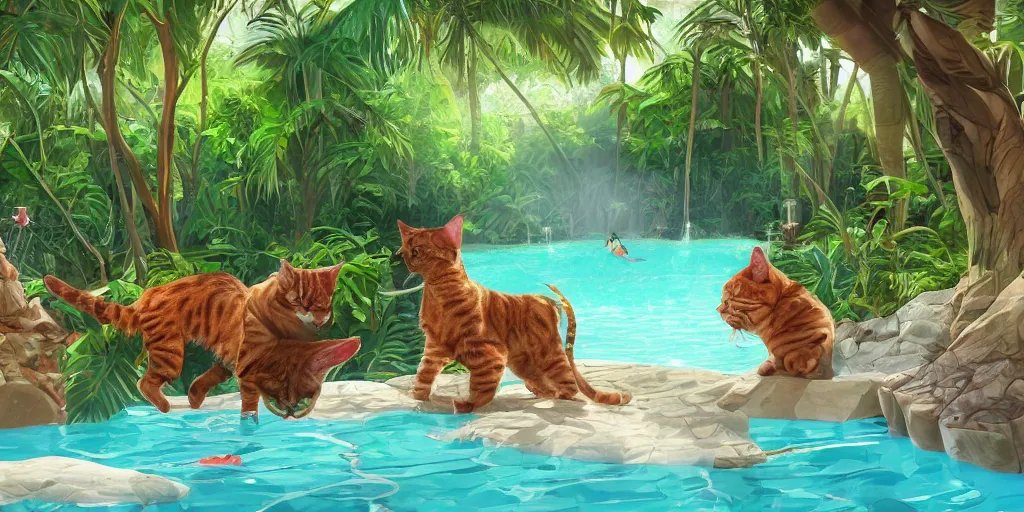 Image similar to swimming pool in the middle of the jungle a cat and a dog playing around , empty beach chair , highly detailed, digital painting, artstation, concept art