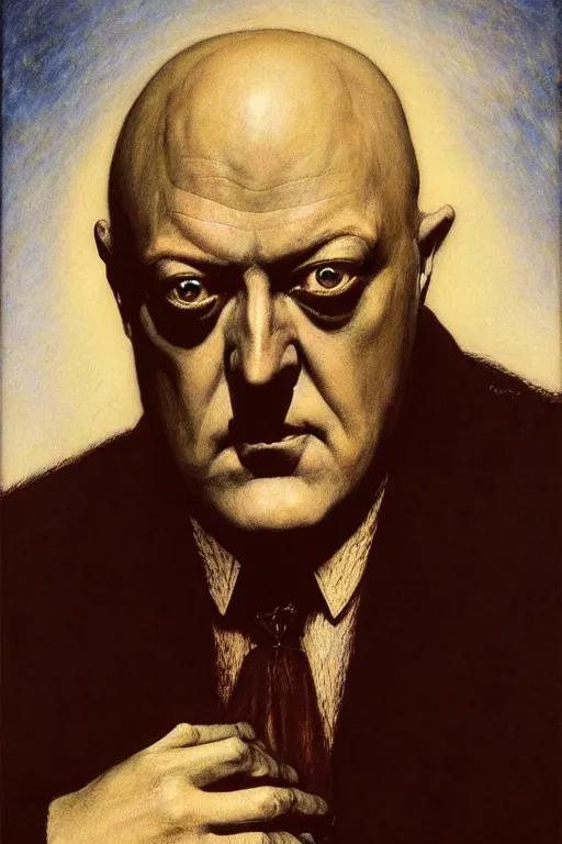 Image similar to a occut art portrait of aleister crowley by wayne barlowe, gustav moreau, goward,  Gaston Bussiere and roberto ferri, santiago caruso, and austin osman spare