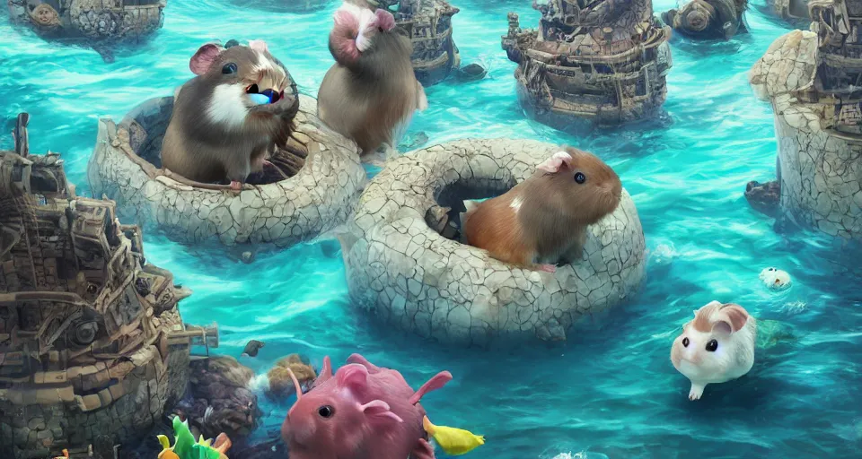 Image similar to hyper realistic cute guineapigs everywhere are swimming under vast sea, by simon stalenhag, yoko taro, christian macnevin, wlop and krenz cushart, epic fantasy character art, volumetric outdoor lighting, midday, high fantasy, cgsociety, cheerful colours, full length, exquisite detail, post - processing, masterpiece, cinematic, 4 k, 8 k