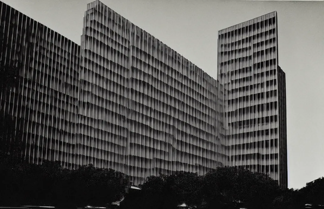 Prompt: complexion emotional bond between the two building by mies van der rohe rhythmic flow of tones intact flawless ambrotype from 4 k criterion collection remastered cinematography gory horror film, ominous lighting, evil theme wow photo realistic postprocessing anomaly in spatial lay - out photograph by ansel adams