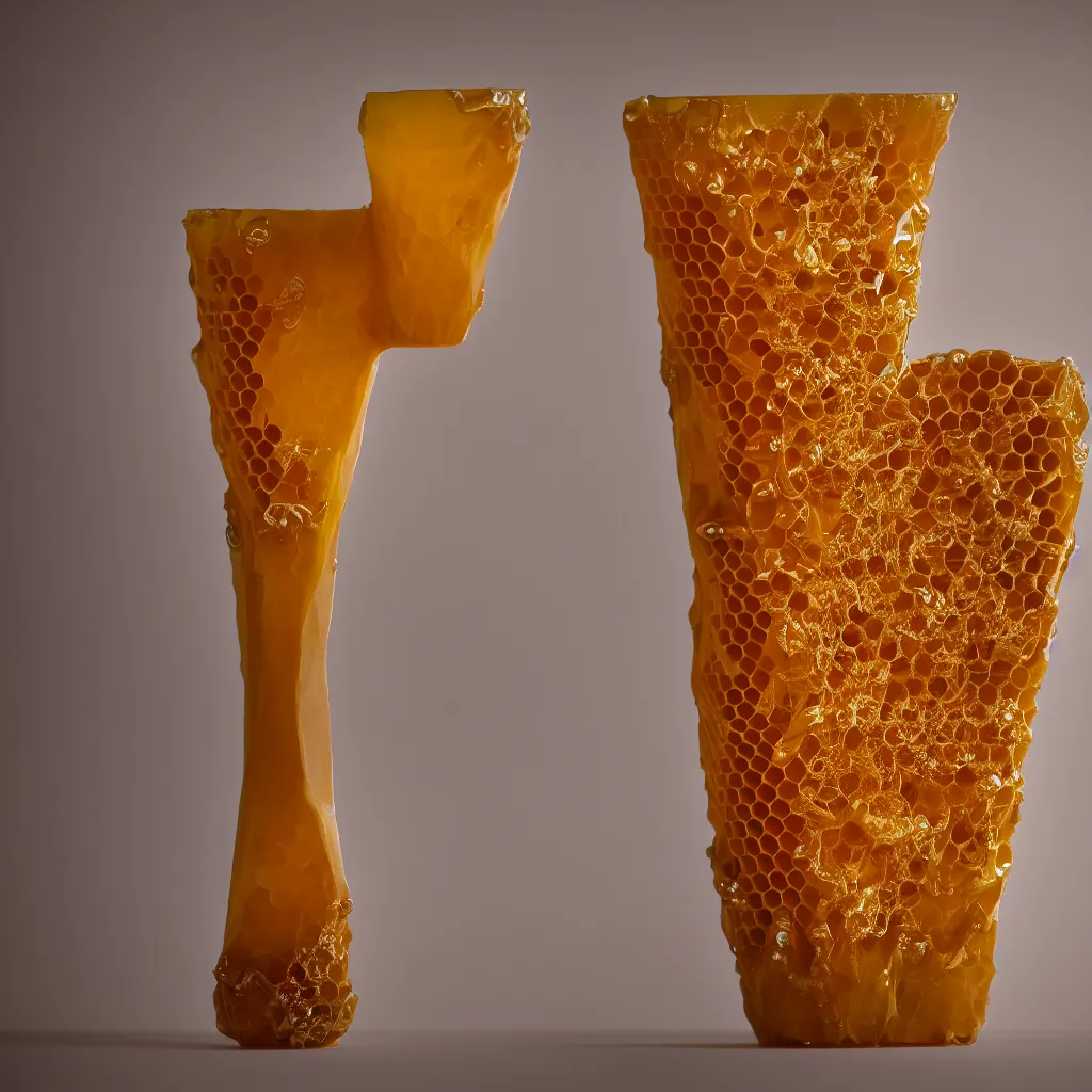 Prompt: real honeycomb elegant classic vase with dripping honey by tomas gabzdil libertiny, product design, film still from the movie directed by denis villeneuve with art direction by zdzisław beksinski, telephoto lens, shallow depth of field