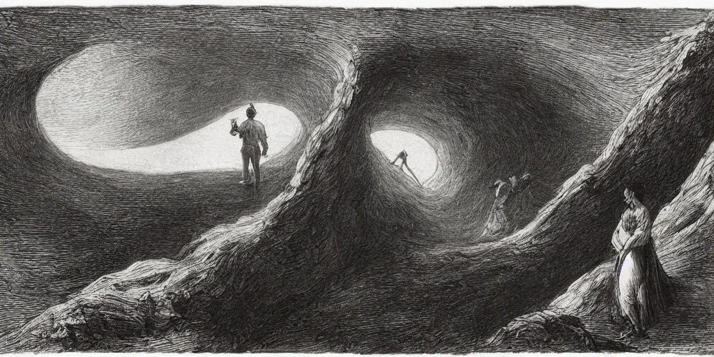 Prompt: Concept Art of cinematography of Terrence Malick film by Doré, Gustave. Scene of the world being created via a portal on a seaside cliff, a man stands beside it in awe