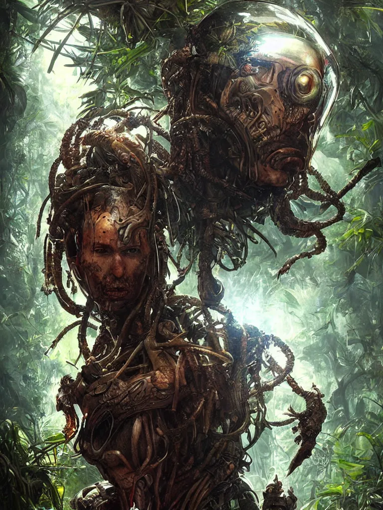 Prompt: a hyperrealistic cyberpunk portrait of a gorgeous man in the movie Predator, in a teeaming jungle with fractal sunlight, award-winning, masterpiece, in the style of Tom Bagshaw, Cedric Peyravernay, Peter Mohrbacher