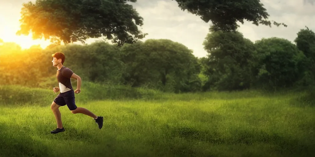 Prompt: A young man running through a lush green countryside, with the sun setting over the sea, trending on artstation, 4k, soft focus