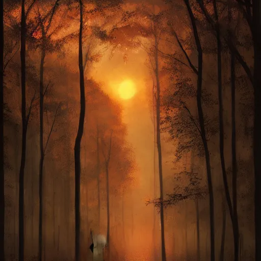 Image similar to view from window of beautiful forest with a sunset, high detail, dramatic light, digital art, dark, painted by seb mckinnon and greg rutkowski, trending on artstation