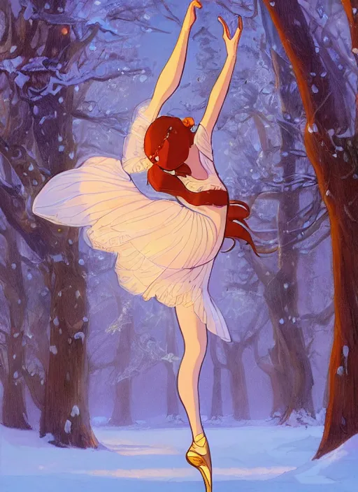 Image similar to well - lit art nouveau portrait of a 1 3 - year old ballet girl dancing in the snow, natural lighting, path traced, highly detailed, high quality, cartoon, digital painting, by don bluth and ross tran and studio ghibli