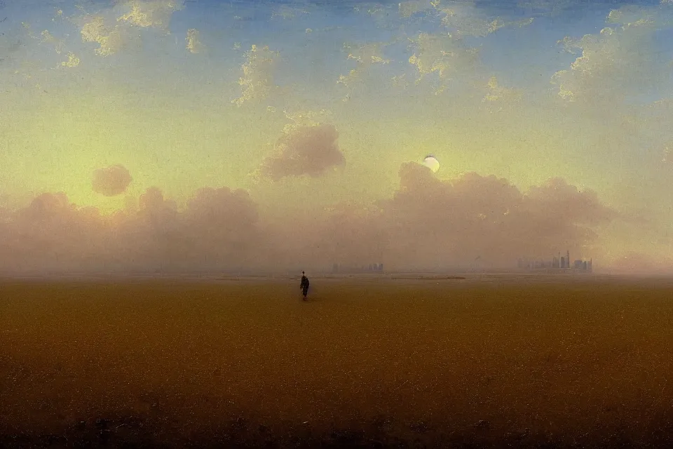 Image similar to concept art of the closed back view of one humanoid robot on the ground, many closed big tall buildings that are obvious to see, vast wheat fields, by Ivan Aivazovsky, godrays, atmospheric, cinematic, distant world, wide angle, detailed