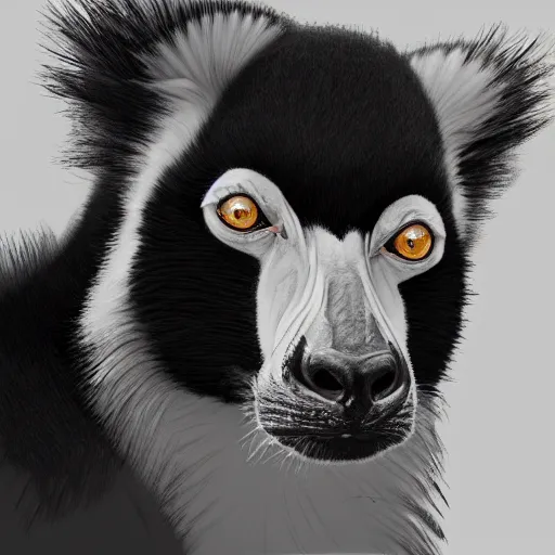 Prompt: portrait of a black and white ruffed lemur, digital painting, highly detailed, trending on artstation