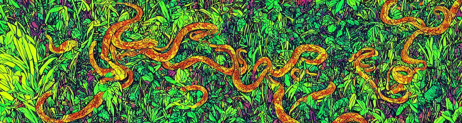 Prompt: a snake in the jungle seen through the psychedelics effects from ayahuasca