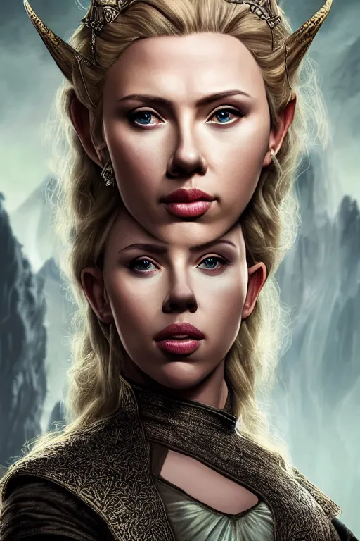 Prompt: Highly detailed headshot portrait of Scarlet Johansson as an Elven royalty from The lords of the rings, a fantasy matte painting in the background shallow focus