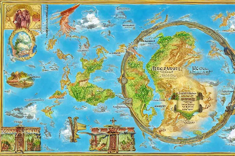 Image similar to A labeled,3d rendered map of a heavenly realm including regional borders, intricately detailed, full color, digitally displayed