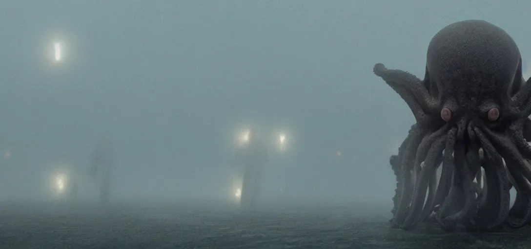 Image similar to an octopus in the shape of a skull, foggy, cinematic shot, photo still from movie by denis villeneuve, wayne barlowe