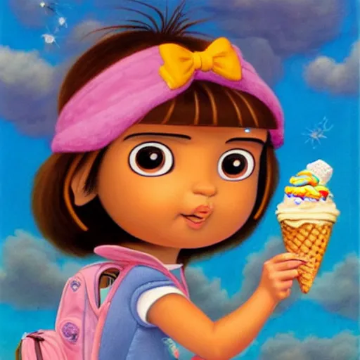 Prompt: dora the explorer as real girl holding ice cream, in lowbrow style, Pop Surrealism oil painting by Mark Ryden and Todd Schorr