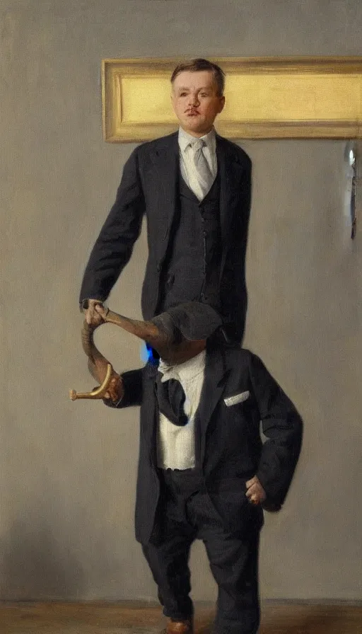 Prompt: painting of a capitalist elephant wearing a suit and tie, by peder krøyer, dramatic lighting, golden hour, adorable, intricate detail, canvas print