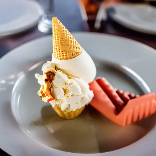 Image similar to photograph of a formal presentation of an ice cream cone on a plate at a fancy avant-garde restaurant