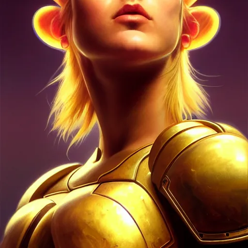 Prompt: Masterpiece head and shoulder portrait of Samus Aran with partial armor, huge shoulder pads, dark fantasy, medium shot, intricate, elegant, highly detailed, digital painting, volumetric light, artstation, concept art, smooth, sharp focus, illustration, art by Gil Elvgren and Greg Rutkowski and Alphonse Mucha