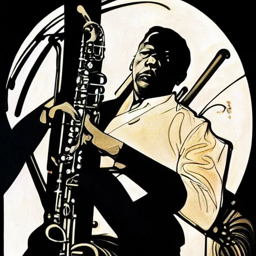 Prompt: Beautiful picture John Coltrane playing the saxophone reaching nirvana, Alphonse Mucha style