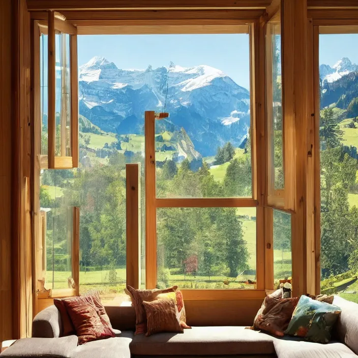 Prompt: fantastical living room with switzerland landscape in the window