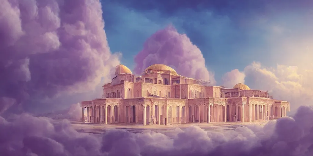 Image similar to beautiful digital illustration of a Byzantine palace in the clouds, surrounded by fluffy cotton candy clouds, pastel color scheme, establishing shot, cinematic, architecture, concept art, deviantArt, artsation, artstation HQ, HD, 16k resolution, smooth, sharp detail, amazing depth, octane, finalRender, Unreal Engine