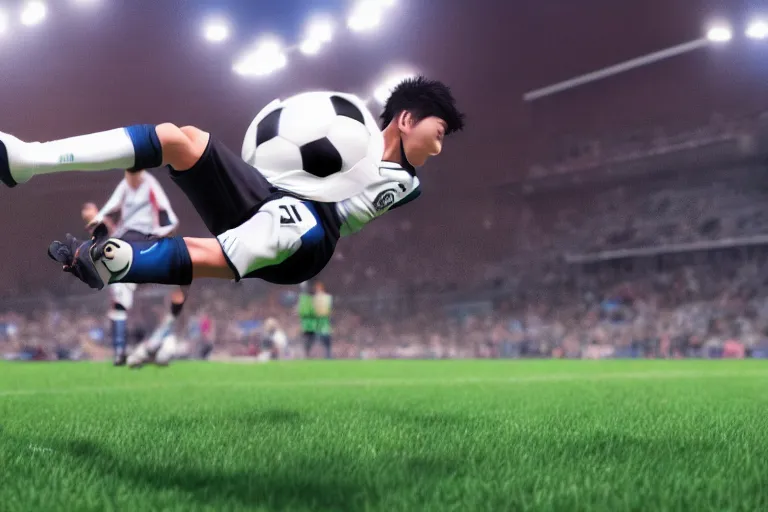 Image similar to anime soccer player scores goal with high kick, hyper realism, octane render